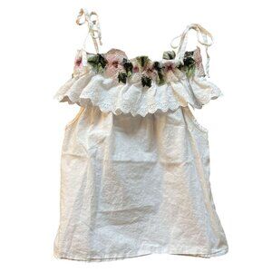 Girls Humor Bear White Embroidered Floral Ruffle Shoulder Cotton Top Size 130